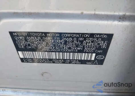 2007 Lexus Es 350 from USA, damaged, VIN JTHBJ46GX72008914